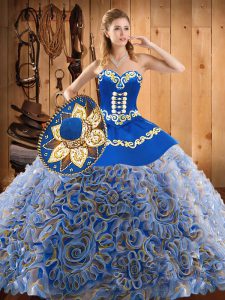 Attractive Sweetheart Sleeveless 15th Birthday Dress With Train Sweep Train Embroidery Multi-color Satin and Fabric With