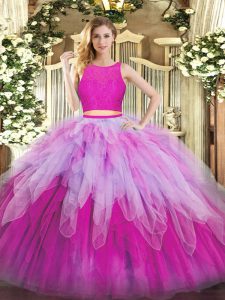 Lovely Floor Length Fuchsia Sweet 16 Quinceanera Dress Organza Sleeveless Lace and Ruffles