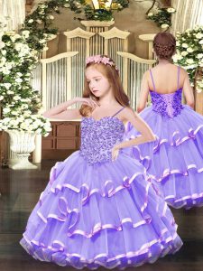 Lavender Sleeveless Appliques and Ruffled Layers Floor Length Custom Made Pageant Dress