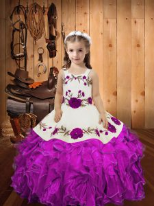 Embroidery and Ruffles and Hand Made Flower Pageant Dress Toddler Fuchsia Lace Up Sleeveless Floor Length