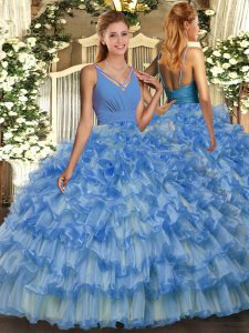 V-neck Sleeveless 15th Birthday Dress Floor Length Beading and Ruffled Layers Blue Organza