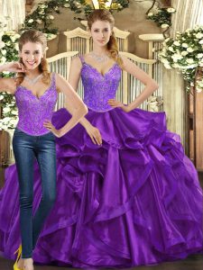 Floor Length Two Pieces Sleeveless Purple Quinceanera Gowns Lace Up