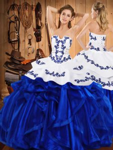 Eye-catching Sleeveless Floor Length Embroidery and Ruffles Lace Up Quince Ball Gowns with Royal Blue