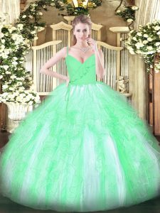 New Arrival Floor Length Zipper Quince Ball Gowns Apple Green for Military Ball and Sweet 16 and Quinceanera with Ruffle