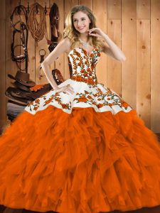 Rust Red Sweetheart Lace Up Embroidery and Ruffles Quinceanera Dress Sleeveless