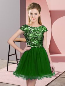 Exceptional Green Zipper Bridesmaid Dress Sequins Cap Sleeves Mini Length