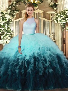 Custom Made Multi-color Backless Quince Ball Gowns Ruffles Sleeveless Floor Length
