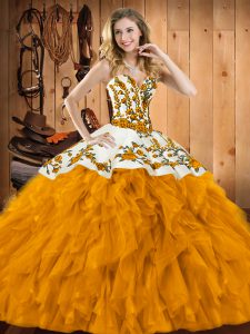 Superior Embroidery and Ruffles Quinceanera Gown Gold Lace Up Sleeveless Floor Length