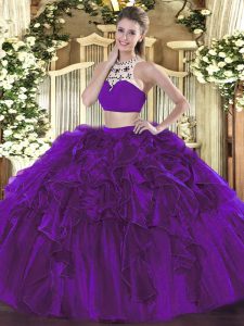 Fitting Floor Length Backless Vestidos de Quinceanera Eggplant Purple for Military Ball and Sweet 16 and Quinceanera wit
