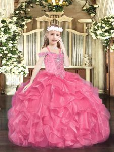 Hot Pink Sleeveless Floor Length Beading and Ruffles Lace Up Little Girls Pageant Dress Wholesale