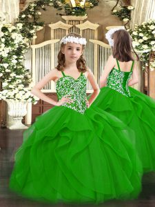 Trendy Sleeveless Floor Length Beading and Ruffles Lace Up Little Girls Pageant Dress with Green