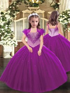 Hot Selling Fuchsia Ball Gowns Tulle Straps Sleeveless Beading Floor Length Lace Up Kids Pageant Dress