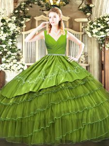 Ball Gowns 15 Quinceanera Dress Olive Green V-neck Satin and Organza Sleeveless Floor Length Zipper