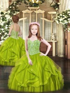 Floor Length Olive Green Pageant Dress Toddler Spaghetti Straps Sleeveless Lace Up