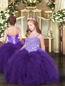 Purple Lace Up Spaghetti Straps Appliques and Ruffles High School Pageant Dress Tulle Sleeveless