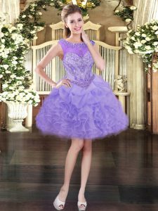 Fantastic Scoop Sleeveless Prom Dresses Mini Length Beading and Ruffles and Pick Ups Lavender Organza