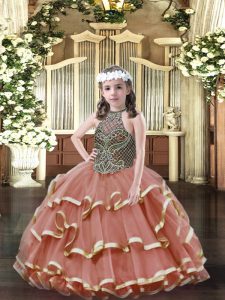 Rust Red Sleeveless Organza Lace Up Kids Formal Wear for Party and Quinceanera