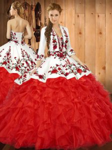 Dramatic Floor Length Red Vestidos de Quinceanera Tulle Sleeveless Embroidery and Ruffles