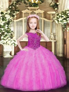Wonderful Rose Pink Sleeveless Beading and Ruffles Floor Length Little Girls Pageant Gowns
