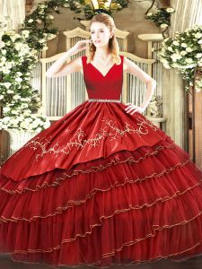 Modern Floor Length Wine Red Quinceanera Gown Organza Sleeveless Embroidery and Ruffled Layers