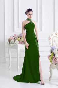 Discount Green Elastic Woven Satin Lace Up Dress for Prom Sleeveless Sweep Train Beading