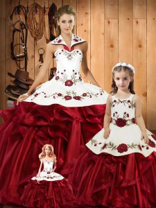 Charming Sleeveless Floor Length Embroidery and Ruffles Lace Up 15 Quinceanera Dress with Wine Red
