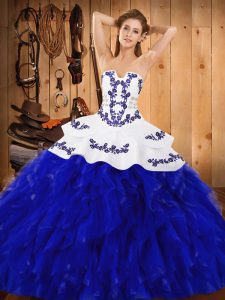 Fabulous Blue And White Sleeveless Embroidery and Ruffles Floor Length Ball Gown Prom Dress