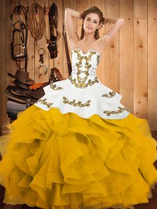 Floor Length Lace Up Quinceanera Dresses Yellow And White for Military Ball and Sweet 16 and Quinceanera with Embroidery