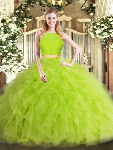 Stylish Two Pieces Quince Ball Gowns Yellow Green Scoop Tulle Sleeveless Floor Length Zipper