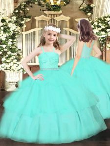 Glorious Sleeveless Organza Floor Length Zipper Kids Formal Wear in Apple Green with Beading and Lace and Ruffled Layers