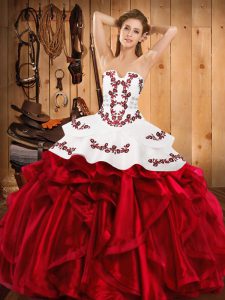 Stylish Sleeveless Floor Length Embroidery and Ruffles Lace Up Vestidos de Quinceanera with Wine Red
