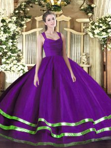Purple Ball Gowns Straps Sleeveless Organza Floor Length Zipper Ruffled Layers and Ruching Sweet 16 Dresses