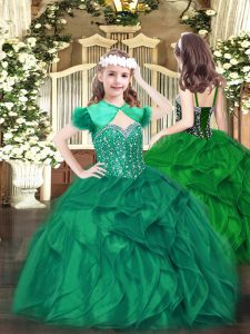 Fashionable Sleeveless Floor Length Beading and Ruffles Lace Up Pageant Gowns with Dark Green