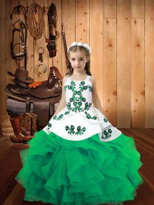 Sleeveless Organza Floor Length Lace Up Pageant Dress for Teens in Turquoise with Embroidery and Ruffles