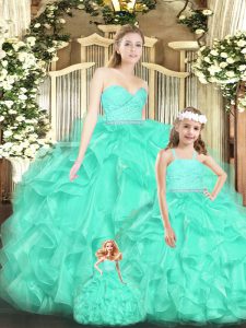 Floor Length Apple Green Sweet 16 Quinceanera Dress Organza Sleeveless Lace and Ruffles