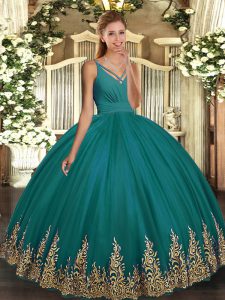 Turquoise Tulle Backless V-neck Sleeveless Floor Length Sweet 16 Dress Appliques