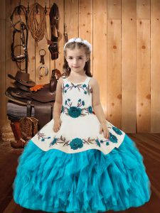 Baby Blue Ball Gowns Embroidery and Ruffles Girls Pageant Dresses Lace Up Organza Sleeveless Floor Length