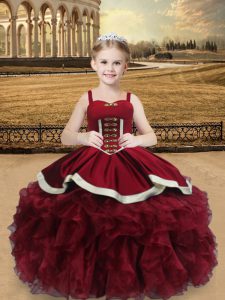 New Arrival Wine Red Straps Neckline Beading and Ruffles Pageant Gowns For Girls Sleeveless Lace Up