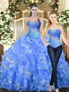 Customized Beading and Ruffles Quinceanera Gown Baby Blue Lace Up Sleeveless Floor Length