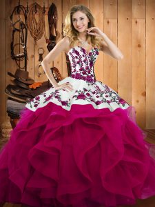 Custom Designed Ball Gowns Vestidos de Quinceanera Fuchsia Sweetheart Satin and Organza Sleeveless Floor Length Lace Up