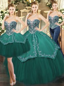 Cute Ball Gowns Ball Gown Prom Dress Dark Green Sweetheart Tulle Sleeveless Floor Length Lace Up