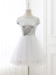Great White Zipper Scoop Sequins Wedding Party Dress Tulle Cap Sleeves
