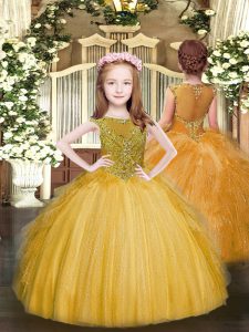 Gold Zipper Scoop Beading and Ruffles Little Girls Pageant Gowns Tulle Sleeveless