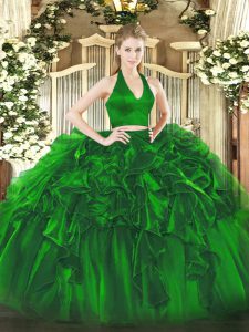 Amazing Two Pieces Quince Ball Gowns Green Halter Top Organza Sleeveless Floor Length Zipper
