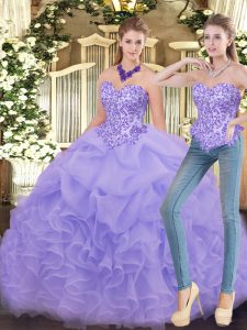 Sleeveless Floor Length Appliques and Ruffles Zipper Quince Ball Gowns with Lavender