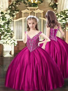 High End Fuchsia Child Pageant Dress Party and Quinceanera with Beading V-neck Sleeveless Lace Up