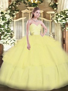 Light Yellow Sleeveless Organza Lace Up 15 Quinceanera Dress for Military Ball and Sweet 16 and Quinceanera