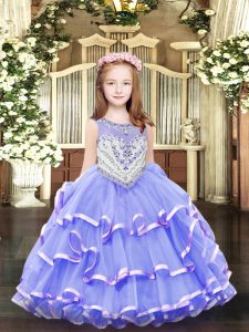 Lavender Ball Gowns Beading and Ruffled Layers Child Pageant Dress Zipper Organza Sleeveless Floor Length