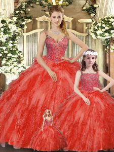 Delicate Sleeveless Floor Length Beading and Ruffles Lace Up Sweet 16 Quinceanera Dress with Red