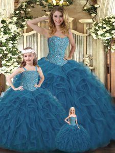 Floor Length Lace Up Sweet 16 Dress Teal for Military Ball and Sweet 16 and Quinceanera with Beading and Ruffles
